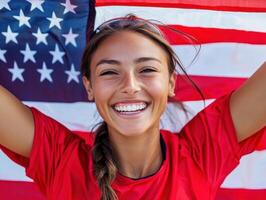 Smiling woman holds American flag at a celebration event photo
