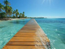 Serene wooden pier extending into clear turquoise waters photo