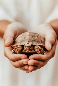 pequeño marrón Tortuga descansa suavemente dentro dos manos. cáscara modelo detalle visible. amable ligero brilla en el escena demostración natural textura y tonos foto