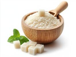 Bowl of sugar with cubes and mint leaves on a white background photo