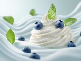 Delicious whipped cream topped with blueberries and mint leaves photo