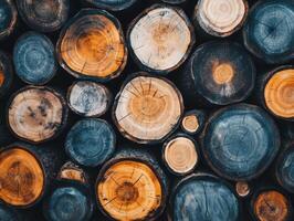 Stacked wooden logs in varying colors and textures photo