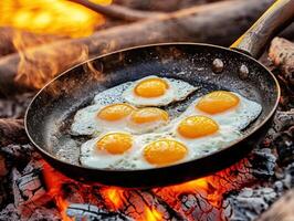 Cooking eggs over an open fire on a camping trip with friends photo