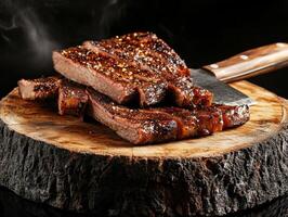 Delicious grilled steak resting on a wooden cutting board photo