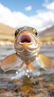 Close up of colorful fish jumping out of river water with open mouth towards the camera with blue sky background photo