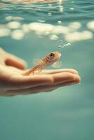 Small lizard rests on hand under water. Tiny bubbles float above reptile. Clear turquoise water surrounds the animal. Gentle light filters through water. photo