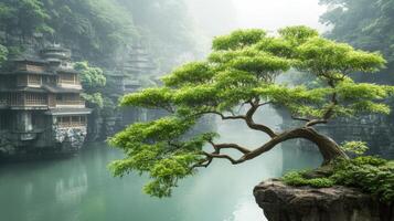 Green tree grows on a cliff by calm river. Asian style buildings are on the mountain in the distance. Foggy light in landscape. photo