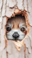 Red panda looks out a hole in a tree trunk. Small mammal stares ahead with curious eyes. Animal portrait in natural light. photo