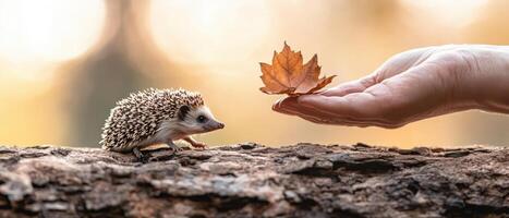 Small hedgehog looks at leaf on open hand. The animal is on log. Blurred background. Autumn colors. Outdoors scene. Woodland. Wildlife. photo