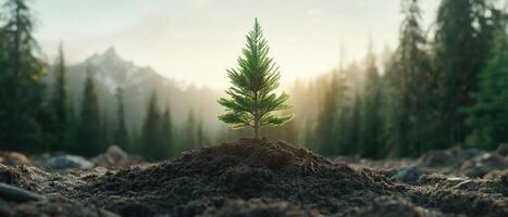 Small pine tree grows from dirt pile. Forest and mountains visible in soft background light. Sunlight bathes the new growth. photo