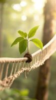 Small plant growing on rope bridge. New life emerges against blurred forest background. Green leaves sprout in nature. Sunlight shines on fresh foliage. photo