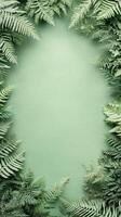Green ferns border pale green background. Many fern fronds arranged around frame. Natural border of green plants. Vertical format. Background image with copy space. photo