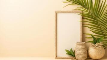 Frame mockup displays on light background with palm leaf, woven vases, and green plants. Neutral backdrop for design template showcases natural textures. photo