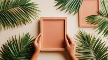 Hands holding wooden frame surrounded by green palm leaves on bright background, blank template for text or image. Neutral color palette. photo