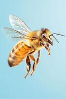 Honeybee in Flight. Close up of a Bee with Pollen. Light Brown and Yellow insect flying against a Pale Blue sky. photo