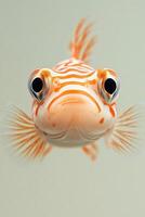Orange and white fish swims close. Fish has big eyes and light background. The fish is facing forward. Small fish underwater. photo