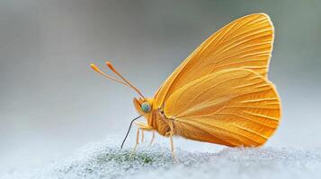 Orange butterfly rests on snow. Detailed wings and antennae visible in macro view. Grey background showcases the insect against white landscape. photo