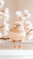 Small bird rests on branch. Soft light background. Bird with wrap. Pale colors. Animal perched in peaceful setting. Spring flowers behind bird. photo