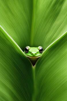 Green tree frog looks out from behind a large smooth bright leaf in a tropical forest natural setting. photo