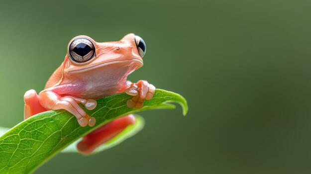 Small frog rests on a green leaf. The frog has large black eyes. A soft background in natural light. Macro photo of frog.