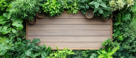 Wooden plank surface surrounded by lush green tropical plants. Various leaf types and potted plants create a natural frame. Space for text or image. photo