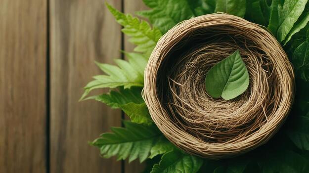 Empty nest crafted with natural fibers. Single green leaf inside. Fresh green foliage and weathered wooden planks backdrop. New beginnings and potential. photo