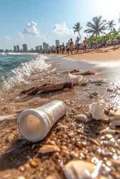 el plastico escombros camadas arenoso playa línea costera. Oceano agua lavados basura en tierra. ciudad edificios y palma arboles en el antecedentes. contaminación problema. ambiente asunto. foto