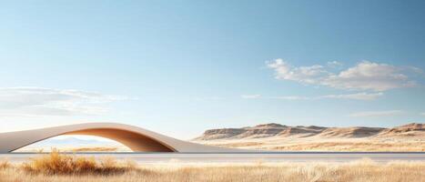 Arched building in dry grass field. Desert landscape with mountains under a clear blue sky. Open space architecture concept background. photo