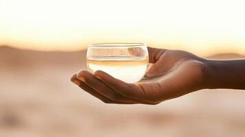 Dark skin hand holding clear liquid in a glass. Sand dunes on the background with sun light. Minimalistic aesthetic concept. photo