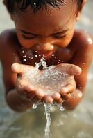 Child holds clear water in cupped hands, drops and splashes, with a blurred background and bright sunlight on skin. photo