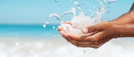 Hands catch splashing fresh clear water against a light blue sea horizon. Bright sunny day with clean white beach on background. photo