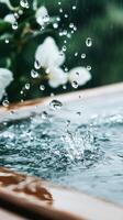 Raindrops falling into water creating a splash with blurred flowers in the background and a container edge in foreground detail. photo