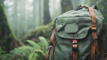 Green backpack with brown straps stands in a forest. Mist and fog fill the background with green plants and mossy trees. photo