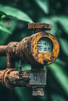 Old yellow metal pipeline shows a reading. Rusty pipes and valves covered in dirt and corrosion. Foliage background with blurred green leaves. photo