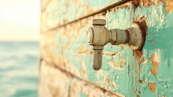 Old metal faucet attached to weathered painted planks. Ocean water background, sunlight on chipped paint, coastal texture. Rusty, aged, outdoor setting. photo