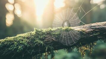 Spider web hangs from mossy branch. Dew drops glisten on silk threads. Soft sunlight filters through forest trees. Natural light and blurred background. photo
