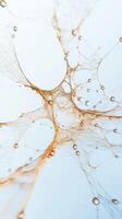 Delicate web strands converge with dew drops suspended against a bright ethereal background. Golden threads form fragile pattern. Water globes cling to network. photo