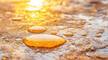 Water droplets rest on a rough surface. The liquid reflects golden light with sparkling effect and shallow depth of field. photo