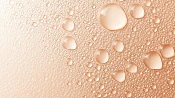 Water droplets cling to a pale surface, showing liquid spheres. The drops form patterns on a beige background with condensation present. photo