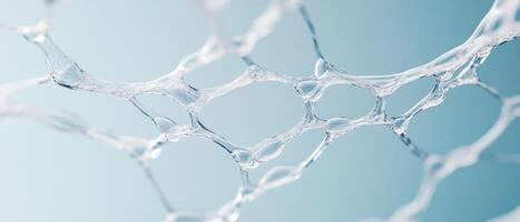 Clear liquid structure. Connected network on light blue backdrop. Abstract crystal form. Science or medical visualization with smooth texture. Macro view. photo