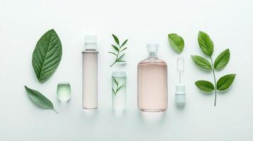 Bottles of liquid with green leaves arranged on a white surface. Various sizes, shapes of containers holding liquid with natural leafy accents. photo