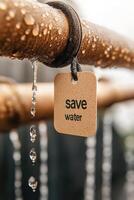 Metal pipe with water drops. Brown label hangs with text save water. Leak concept with water conservation message on dark string. photo