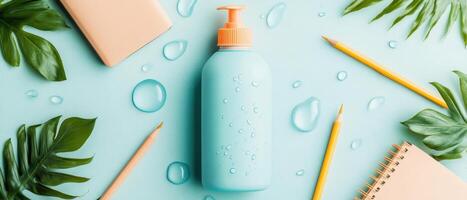 Turquoise Bottle with Orange Pump Top and Clear Water Droplets on Light Blue Surface with Green Leaves Notebook and Pencils photo