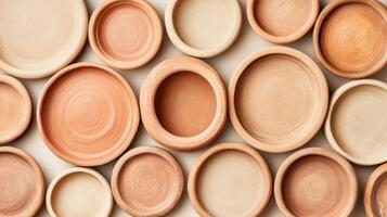 Terracotta saucers arranged closely on pale surface. Round shapes in warm clay tones. Variety of sizes create textured, patterned composition. Simple earthenware forms a neutral backdrop. photo