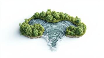 Small island section on white. Dense green trees surround a pool with water flowing over an edge. River island concept. photo