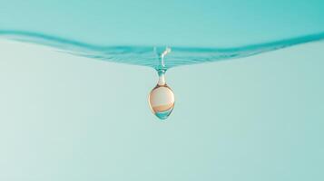 Liquid drop hangs beneath smooth water surface against a soft teal background. Clarity and light reflect in sphere shape. Close view. photo