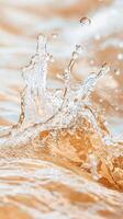 Liquid splash on golden surface with water droplets. Clear water bursts creating a dynamic pattern with blurred background. Close up view. photo