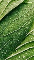 Green leaves surface close up with many clear water droplets. Veins pattern on leaf texture. Natural botanical fresh foliage background. photo