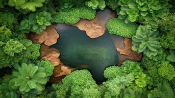 Aerial view of a hidden lake surrounded by vibrant green trees and rugged brown rocks in a serene forest setting. photo