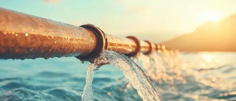 Metal pipeline over sea. Water flows down into ocean. Warm sunlight on mountain. Clear blue water. Natural setting. photo